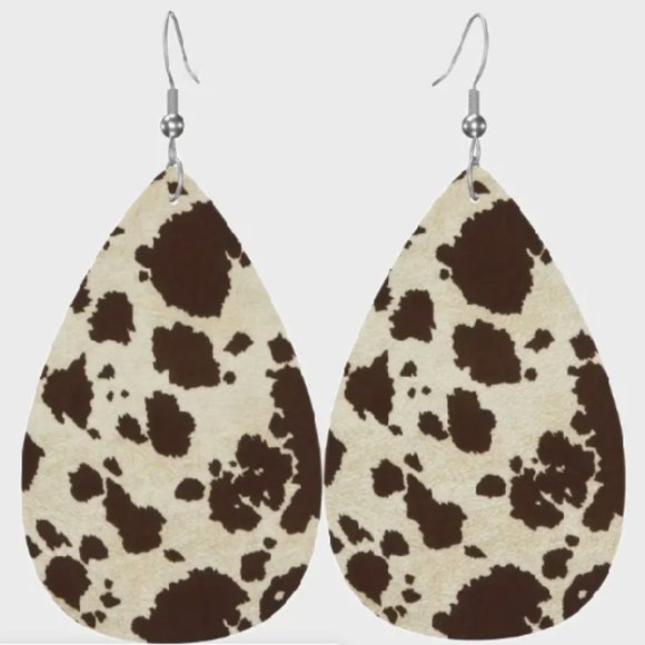 Boutique Jewelry - Brown Cow Print Faux Leather Dangle Drop Earrings